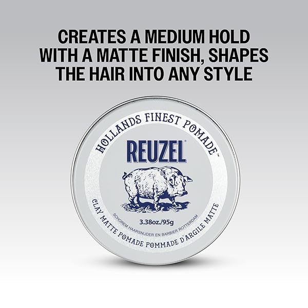 REUZEL CLAY MATTE POMADE, MEDIUM ALL DAY HOLD, WATER SOLUBLE STYLING, MATTE FINISH AND FLAKE FREE, EASY TO WASH OUT, FOR ALL HAIR TYPES