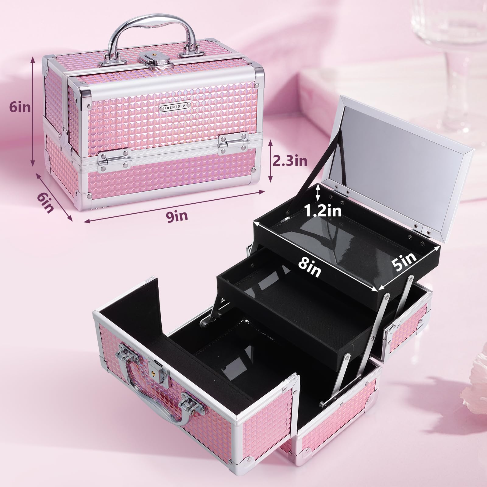 FRENESSA Makeup Train Case Makeup Box Organizer Portable Cosmetic Travel Case Makeup Case with Mirror Locking Make Up Cases Organizers and Storage for Nail Supplies Hard Cosmetic Box Shiny Pink