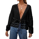 Tankaneo Womens Deep V Neck Tie Front Blouse Cotton Long Puff Sleeve Eyelet Tops Cute Lace Trim Flowy Ruffle Shirts