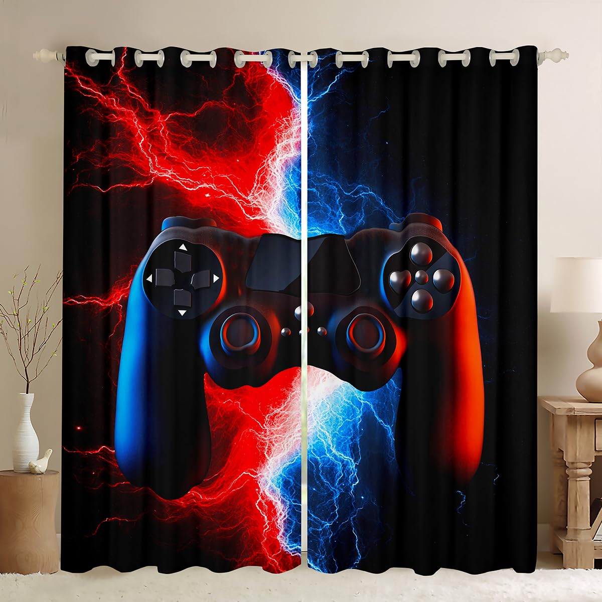 Loussiesd 3D Black Gamepad Window Drapes Video Game Gamepad Curtains for Boys Children Modern Gamer Window Treatments Novelty Game Controller Red Blue Neon Window Curtain W66*L90 — image 1