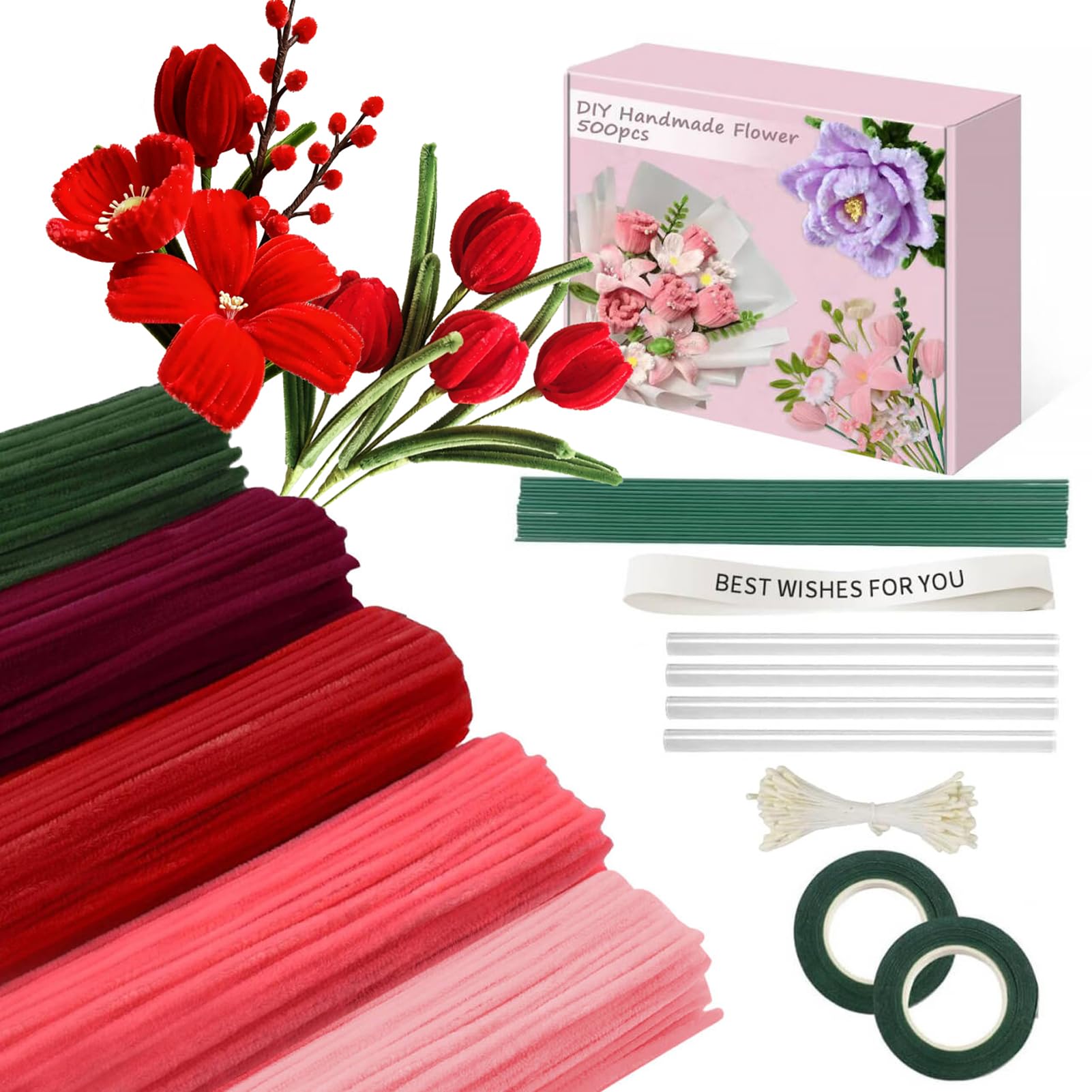 Photo 1 of 500 Pcs  Cleaners Craft?5 Colors Pipe Cleaners Bulk,Chenille Stems Flowers Craft kit for DIY Handmade Bouquet Wrapping Party Decorations whit Ribbons?Stems,Tape?Stamens, Glue Sticks (Red)