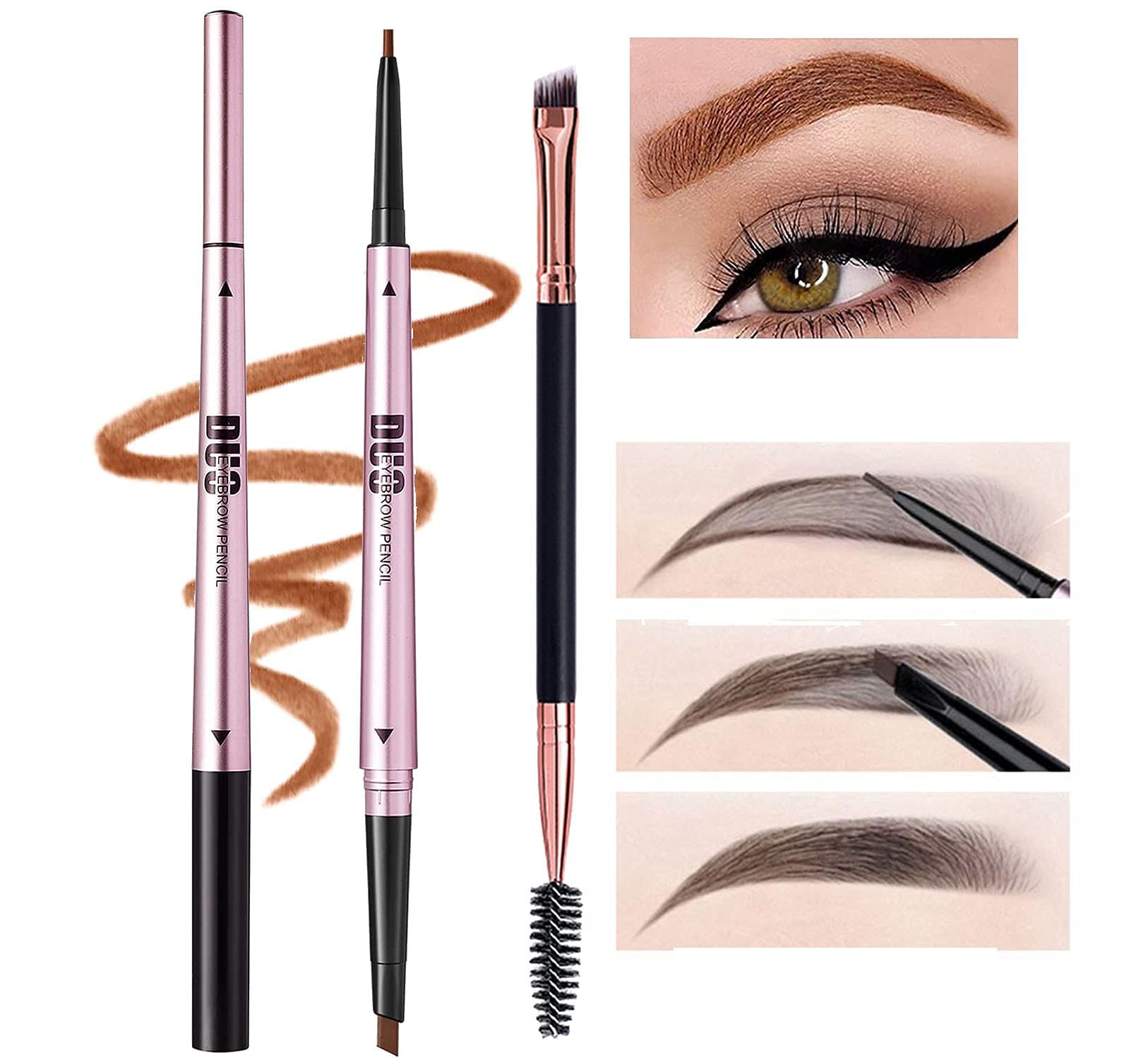 Mihqy 2 PCS Eyebrow Pencil with Brow Brush, Dual Ended Eyebrow Pen, Automatic Makeup Cosmetic Tool(Orange Brown)