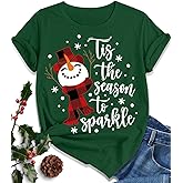 EUOW Christmas Shirts for Women Family Santa Graphic T Shirts Short Sleeve Funny Xmas Holiday Print Tee Tops