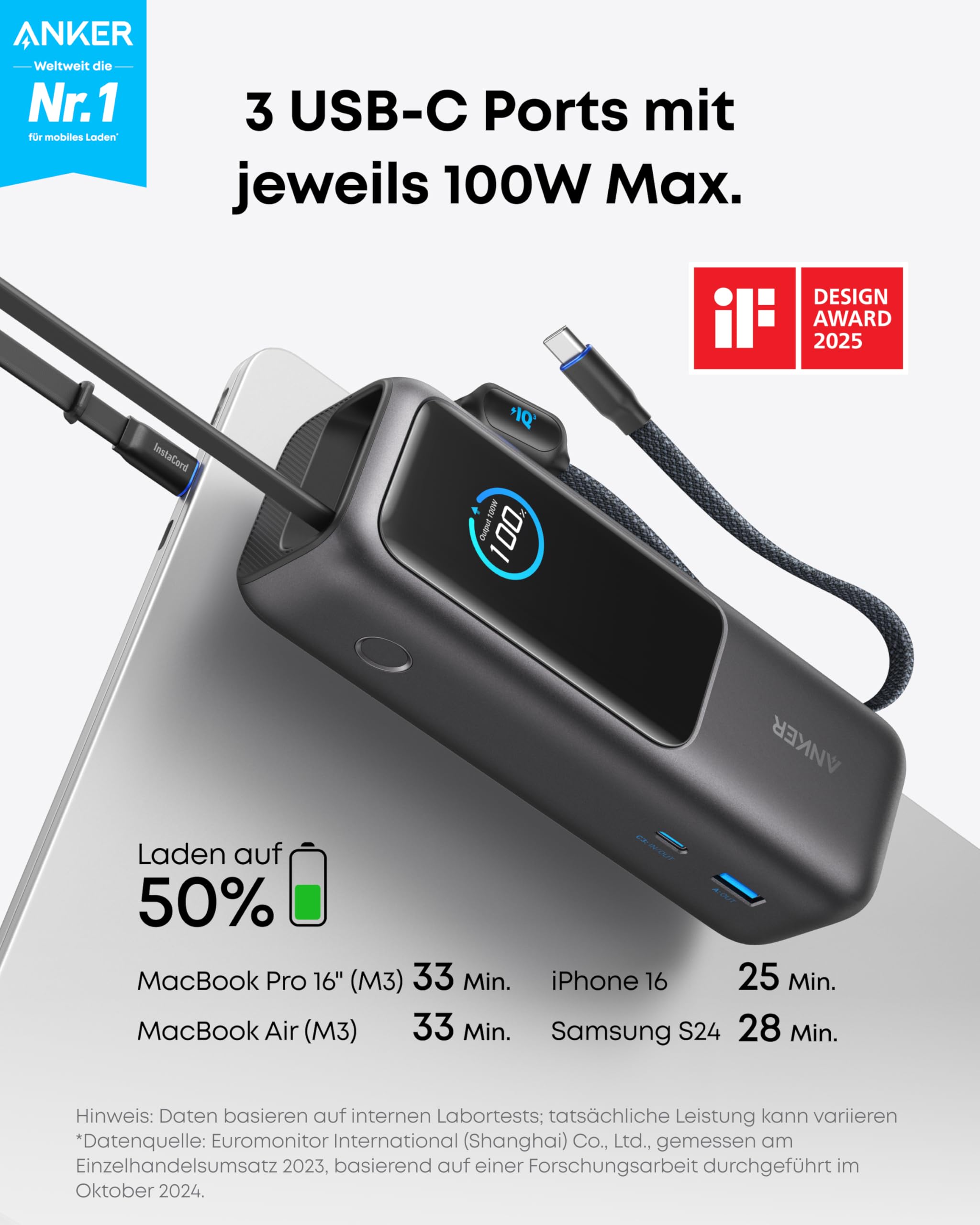 Anker Laptop Powerbank 165W 25000 mAh, Ladegerät mit 70cm ausziehbarem Kabel & Trageband, 3 USB-C Ports für Laden mehrerer Geräte, Für MacBook Pro, iPhone 17/16/15, Samsung und mehr (flugzeugtauglich) 2