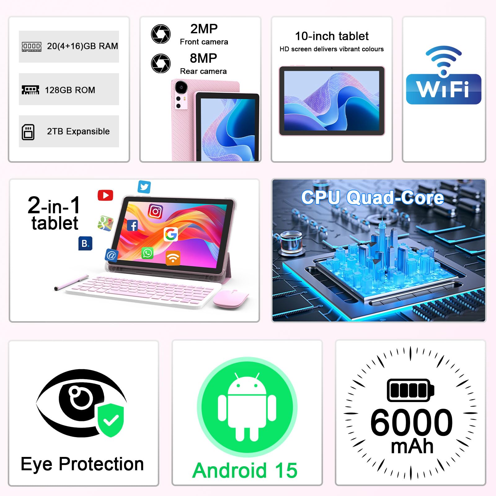 Android 15 Tablet 10 Inch, 20GB RAM+128GB ROM/ 2TB Expandable, 2.0GHz Quad-core Processor, 1280*800 HD Screen, 5G WiFi6 BT 5.0, 2 in 1 Tablets with Keyboard Case Mouse Stylus, Widevine L1 Pink