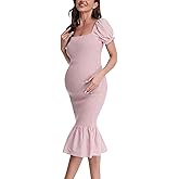 Maternity Summer Midi Bodycon Dresses, Short Puff Sleeve Square Neck Ruffle Hem Mermaid Baby Shower Dress
