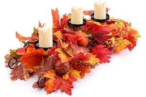 Yunlly Thanksgiving Candle Holder Centerpiece Without Candle Fall Maple Leaves Harvest Table Centerpiece Decor Artificial Maple Leaf with Pumpkin Berries for Thanksgiving Fall Autumn(Bright Style)