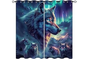 XINBADU Wolf Blackout Curtains for Girls Boy Home Decor, Aurora Northern Light Galaxy Fantasy Animal Grommet Thermal Insulated Drapes Darkening Window Curtain for Bedroom Living Room, 42 x 45 Inch