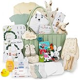 Baby Gift Basket for Newborn Boy or Girl (Green) Essentials Gift Set with Diaper Caddy Organizer, Milestone Blanket, Baby Clothes, Unisex, Animal Book, Nursery Keepsakes &amp; New Parent Gifts