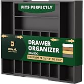 ROYAL CRAFT WOOD Luxury Bamboo Kitchen Drawer Organizer - Silverware Organizer - Utensil Holder and Cutlery Tray with Grooved Drawer Dividers for Flatware and Kitchen Utensils (9 Slot, Black)