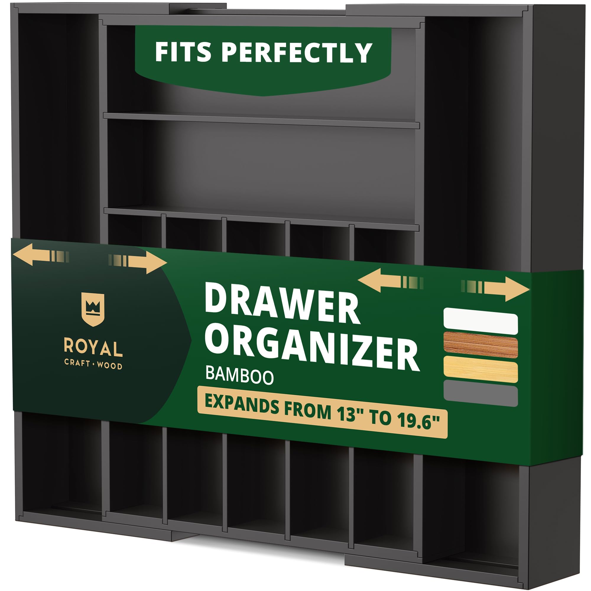 ROYAL CRAFT WOOD Luxury Bamboo Kitchen Drawer Organizer - Silverware Organizer - Utensil Holder and Cutlery Tray with Grooved Drawer Dividers for Flatware and Kitchen Utensils (Black)