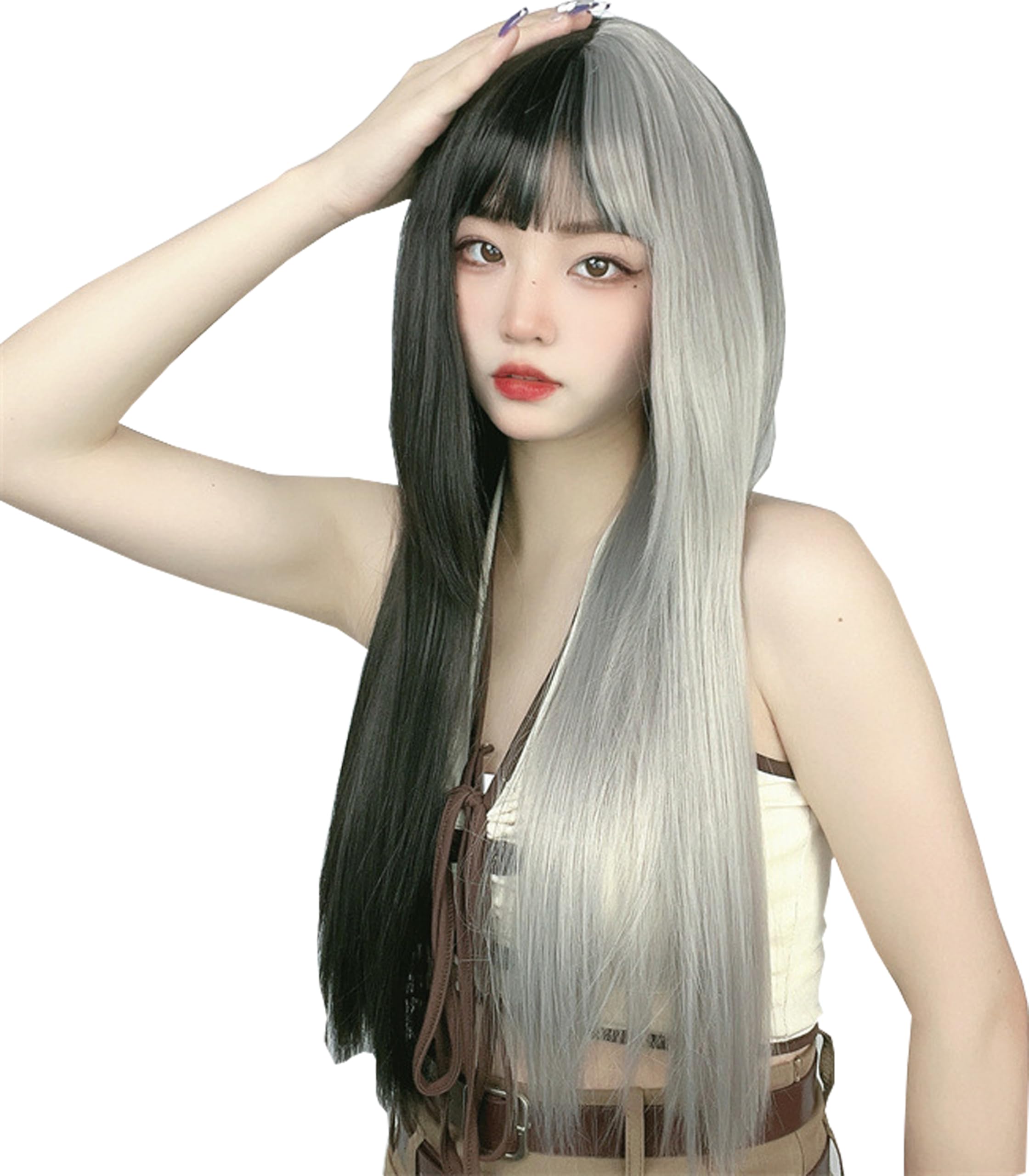 LIKPOJA Women Gray Long Straight Fringe Wigs Girls Halloween Christmas Costumes Fancy Dress Cosplay Party Accessories Wigs for Ladies Heat Resistant Synthetic Hair(Gray and Black)