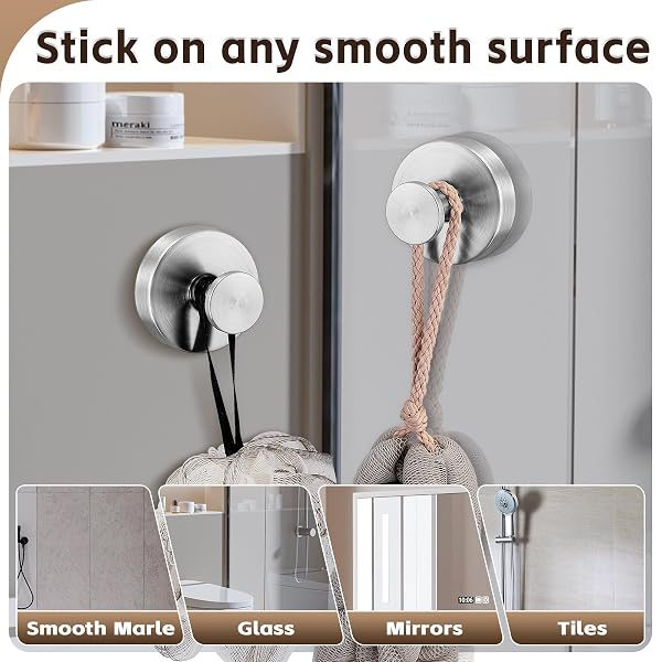 SUPOPULAR REUSABLE HEAVY DUTY SUCTION CUP HOOKS FOR KITCHEN/BATHROOM/SHOWER – WET-PROOF HOOKS FOR TOWELS, ROBES, LOOFAH&WREATHS/NO DRILL MOUNTING ON GLASS, TILE, METAL (2, BRUSHED NICKEL)