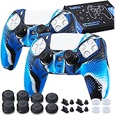 YoRHa Silicone Skins Cover for PS5 Controller x 2(Camou Blue) with Thumb Grips x 8, Plugs x 8, Anolog Protectors x 4