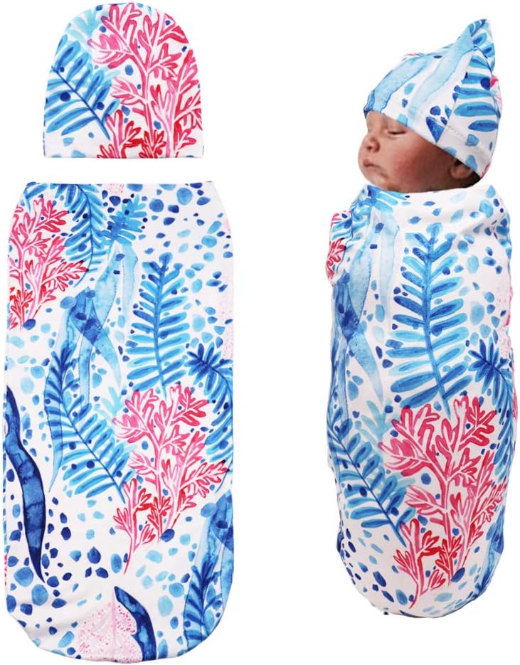 Newborn Swaddle Blanket with Beanie Set,Soft Stretchy Cocoon Sack for 0-3 Months Baby Boys and Girls