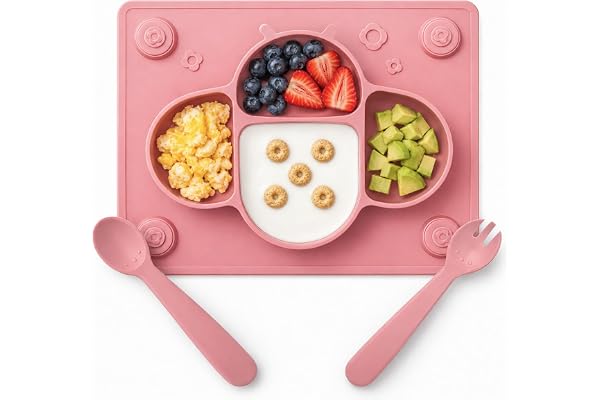 ROCCED Suction Plates for Baby Placemat Spoon Fork Set for Toddlers, Silicone Baby Plates with Suction Dishes for Kids Plate-