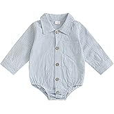 Sasaerucure Newborn Baby Boy Clothes Turndown Collar Striped Long/Short Sleeve Romper Button Up Jumpsuit Shirt Bodysuit