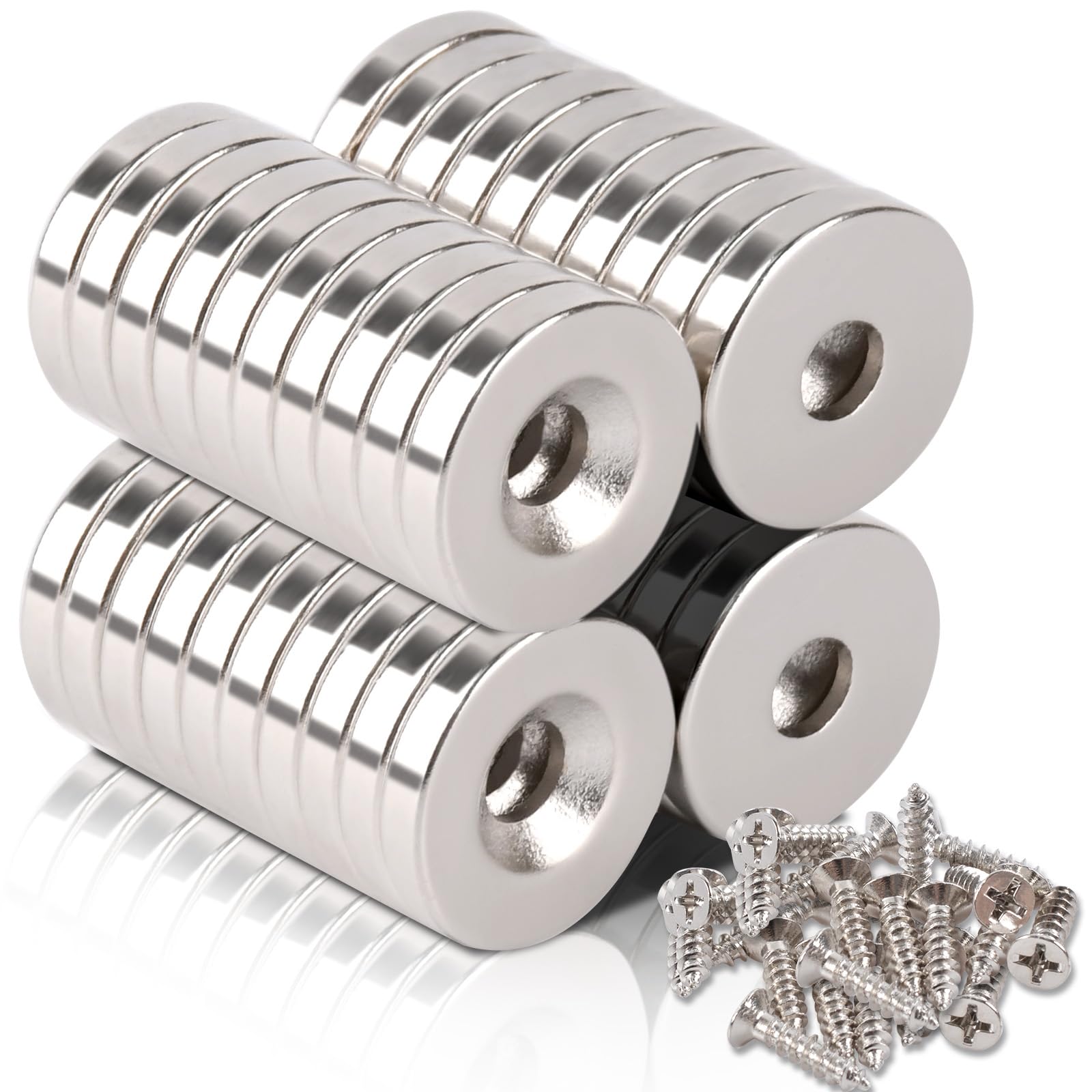 MIN CI 40 Pack Neodymium Magnet, 15x3mm Strong Round Magnets With Countersunk M4 Hole, Pot Magnets With Screws, Rare Earth for Whiteboards, Fridge, Mini