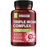 Vitacook Iron Supplement for Women & Men, 3-in-1 65mg Iron Pills, Bisglycinate, Sulfate, Carbonyl Iron with Vitamin C, Enhanced Absorption, Energy, Red Blood Cell Support, Gentle, 60 Tablets