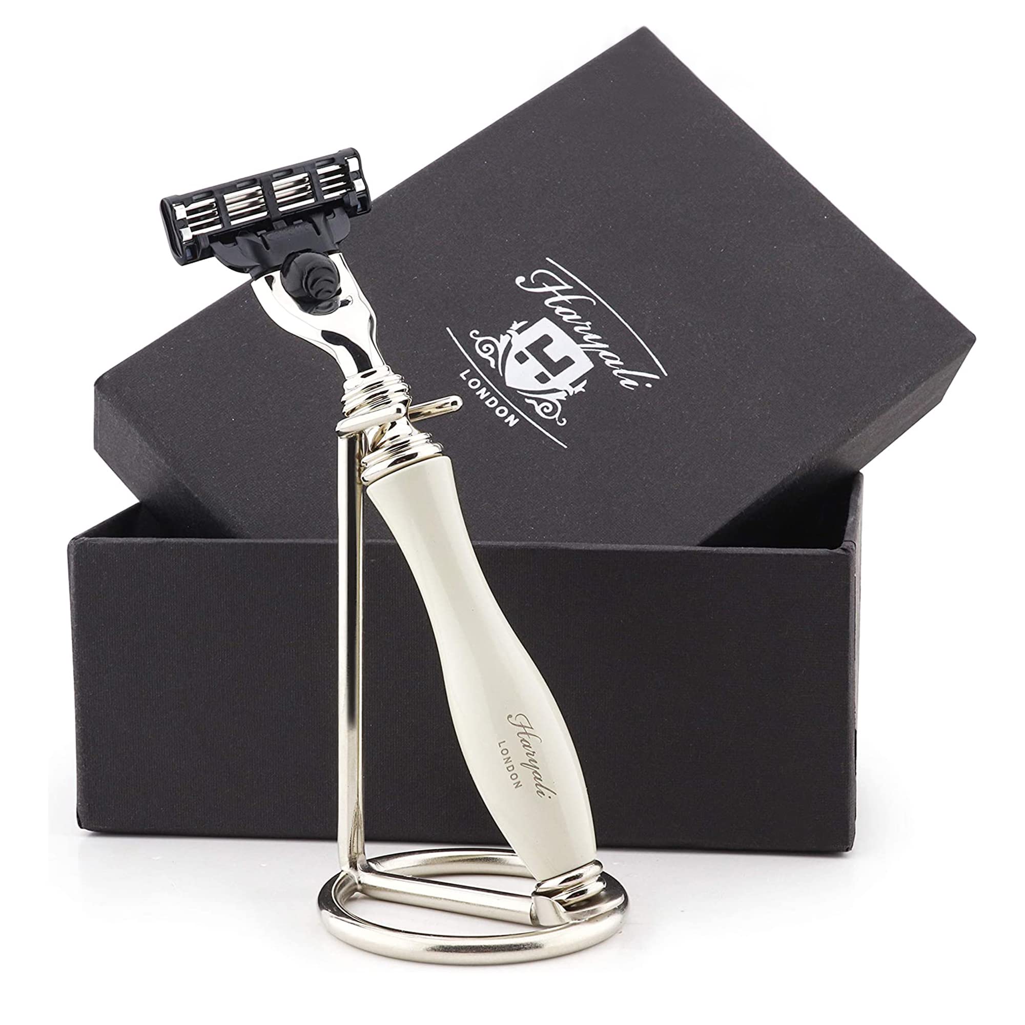 Triple Cartridge Head Compatible Razor in Ivory Colour & Stainless Steel Stand | Men's Shaving & Grooming Essentials > Gift for Him