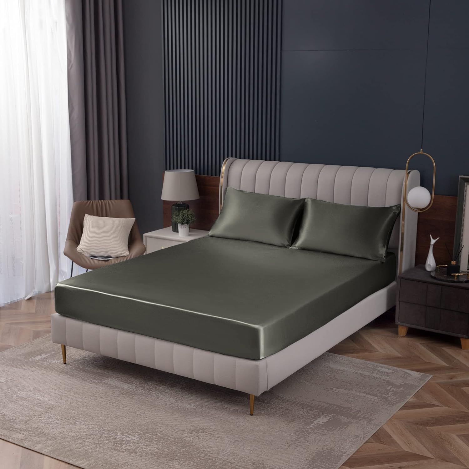 Photo 1 of Homiest Dark Grey Satin Fitted Sheet King Size, Deep Pocket, Luxury & Ultra Soft Bedding