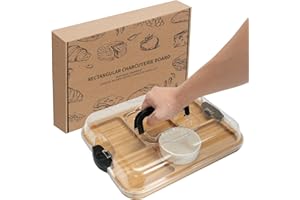 WILLKOMMEN Charcuterie Board with Lid- 6 Section Rectangular Serving Tray with Carry Handle & Locking Lid, Portable Bamboo Se