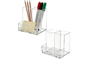 MINDFARGE 3 Compartment Acrylic-Strength PET Pen Holder for Desk, Clear Pen and Pencil Holder, Small Desk Organizer, Makeup B