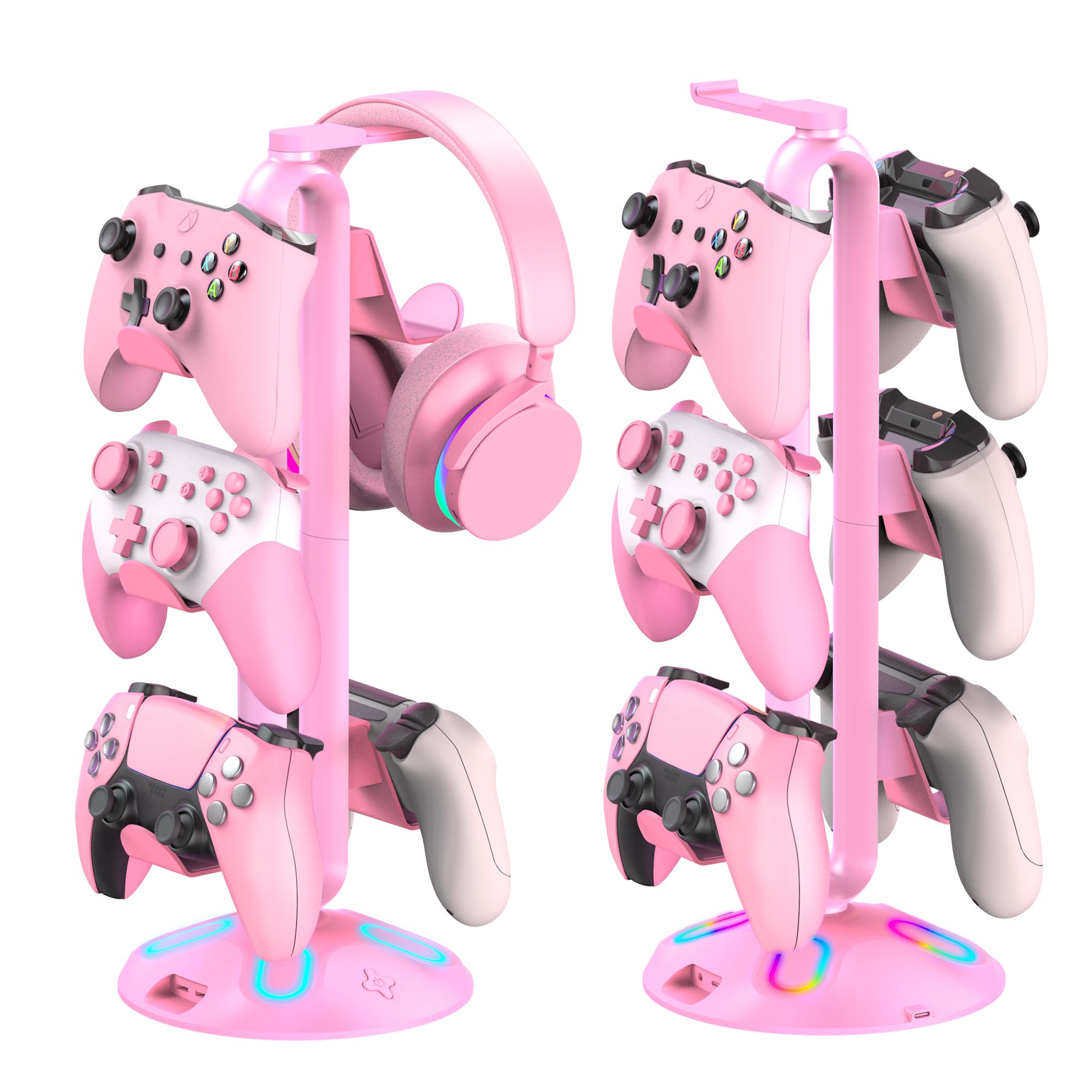 Canmarin Gaming RGB Headphone Stand, Controller Holder with 9 Light Modes - Headset Stand with 2 USB Charging Ports and 3.5mm & Type-C - Controller Stand Hanger Accessories for Desk and Gamer(Pink)…