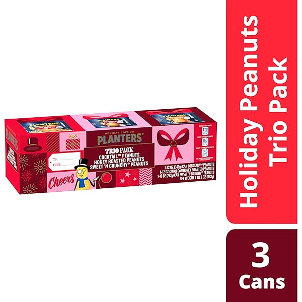 PLANTERS PEANUTS HOLIDAY TRIO PACK – SNACKS VARIETY PACK FOR ADULTS WITH SWEET N CRUNCHY, HONEY ROASTED, AND COCKTAIL PEANUTS (3 COUNT CANISTERS)
