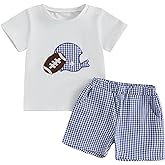 Adobabirl Toddler Baby Boy Football Outfit Rugby Embroidery Short Sleeve Tshirt with Plaid Shorts Boutique Summer Clothes