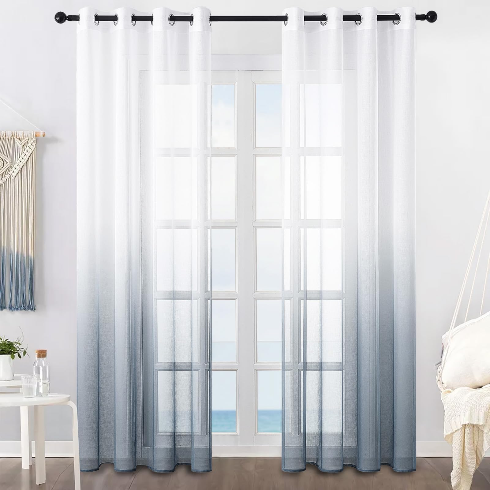 MRTREES Faux Linen Voile Curtains 63 Inch Drop 2 Panels Gradient Eyelet Sheer Curtain Panel for Bedroom Living Room Patio Door 55x63 Inch Drop 140cm x 160cm Grey