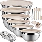 Mixing Bowls with Airtight Lids Set, 20 PCS Kitchen Gadgets Set, 6 Stainless Steel Bowls,3 Grater Attachments,Non-Slip Silicone Bottoms,Great for Serving&Baking,Size 5, 4, 3.5, 2.1, 1.5, 1.1QT (Khaki)