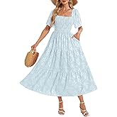 Simlakey Women's Summer Dresses 2025 Casual Maxi Dresses Boho Floral Short Sleeves Square Neck Beach Vacation with Pockets