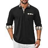 COOFANDY Men's Polo Shirt Long Sleeve Casual Button Polo Tee Plaid Collared Golg Shirt with Pocket