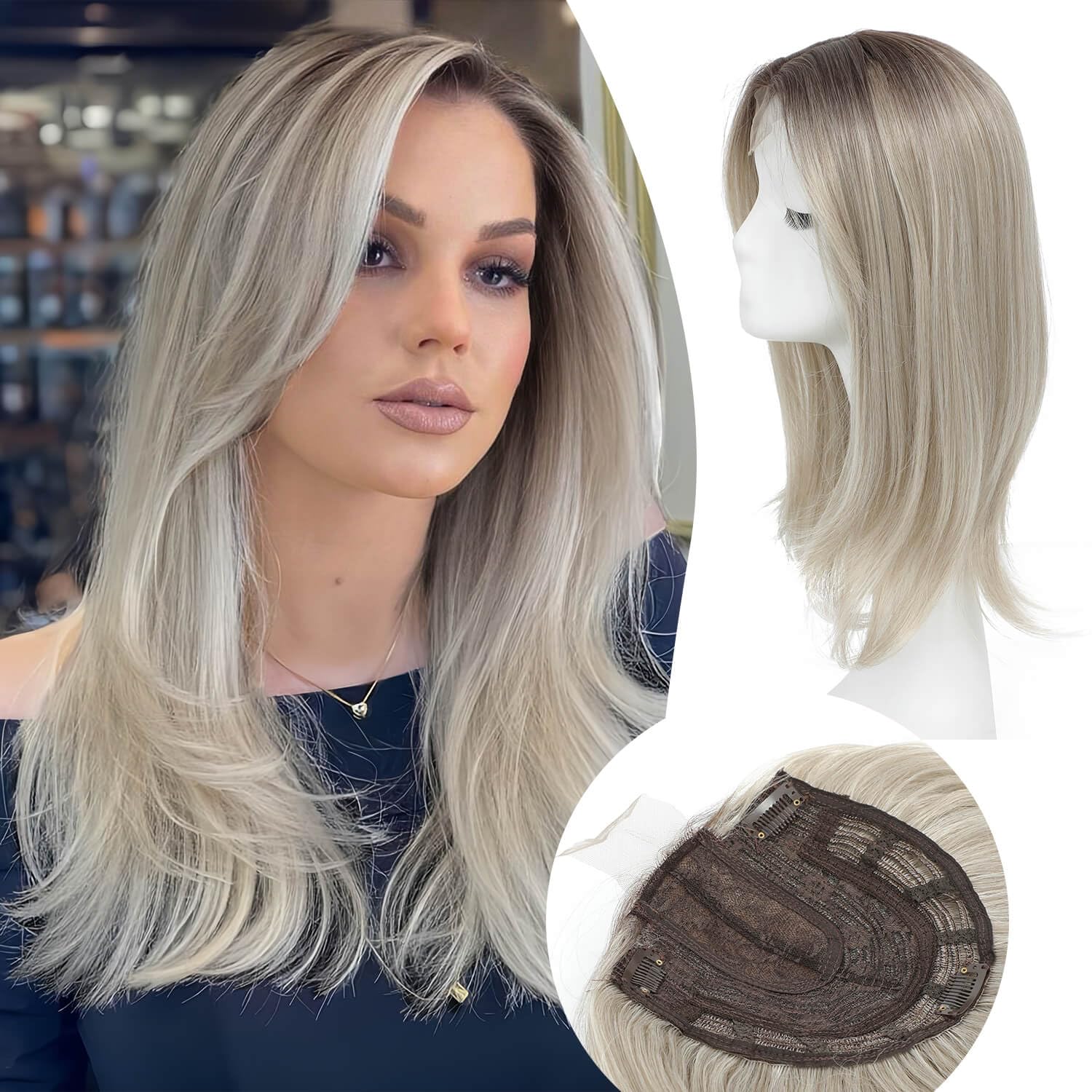 Photo 1 of Ms Taj Hair Topper 18 Inch for Women with Thinning Hair - Long Layered 6.5"X6.5" Synthetic Hair Piece - Fiber Wiglet for Ladies (Silver White with Dark Root)