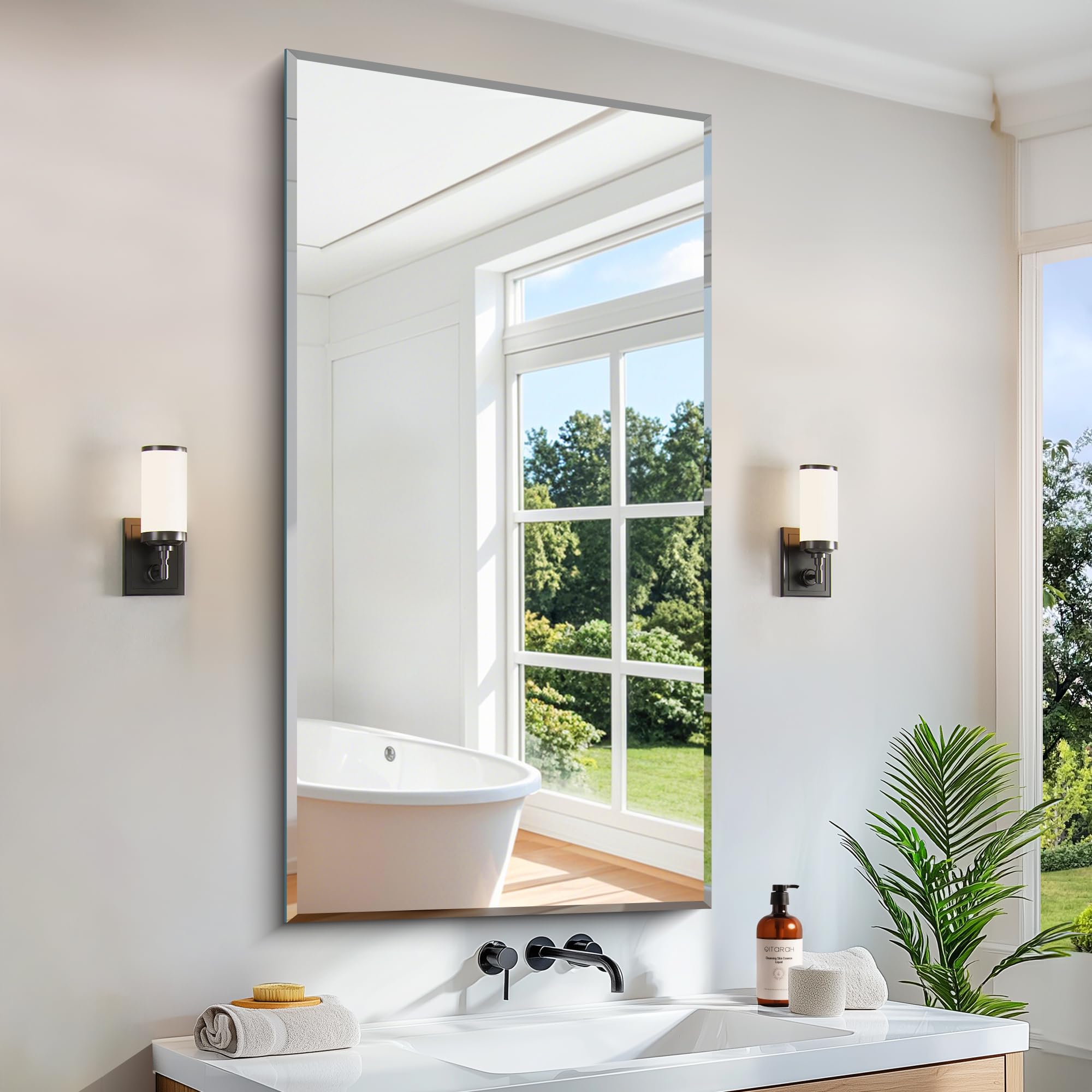 CILIBER 24x48 Large Beveled Mirror, Frameless Beveled Bathroom Mirrors ...