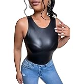 Falainetee Women's PU Leather Round Neck Slim Fit Tank Top Vest