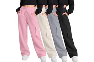 LessonZoo 4 Pack Girl's Wide Leg Sweatpants with Cargo Pockets Baggy Elastic High Waist Pants Kids Casual Athletic 5-14Y