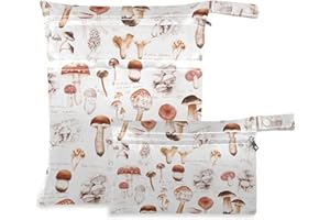 visesunny Hand Drawn Mushroom 2Pcs Wet Bag with Zippered Pockets Washable Reusable Roomy for Travel,Beach,Pool,Daycare,Stroller,Diapers,Dirty Gym Clothes, Wet Swimsuits, Toiletries