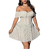 Floerns Women's Plus Size Polka Dots Off The Shoulder Dress Button Pleated A Line Party Dresses