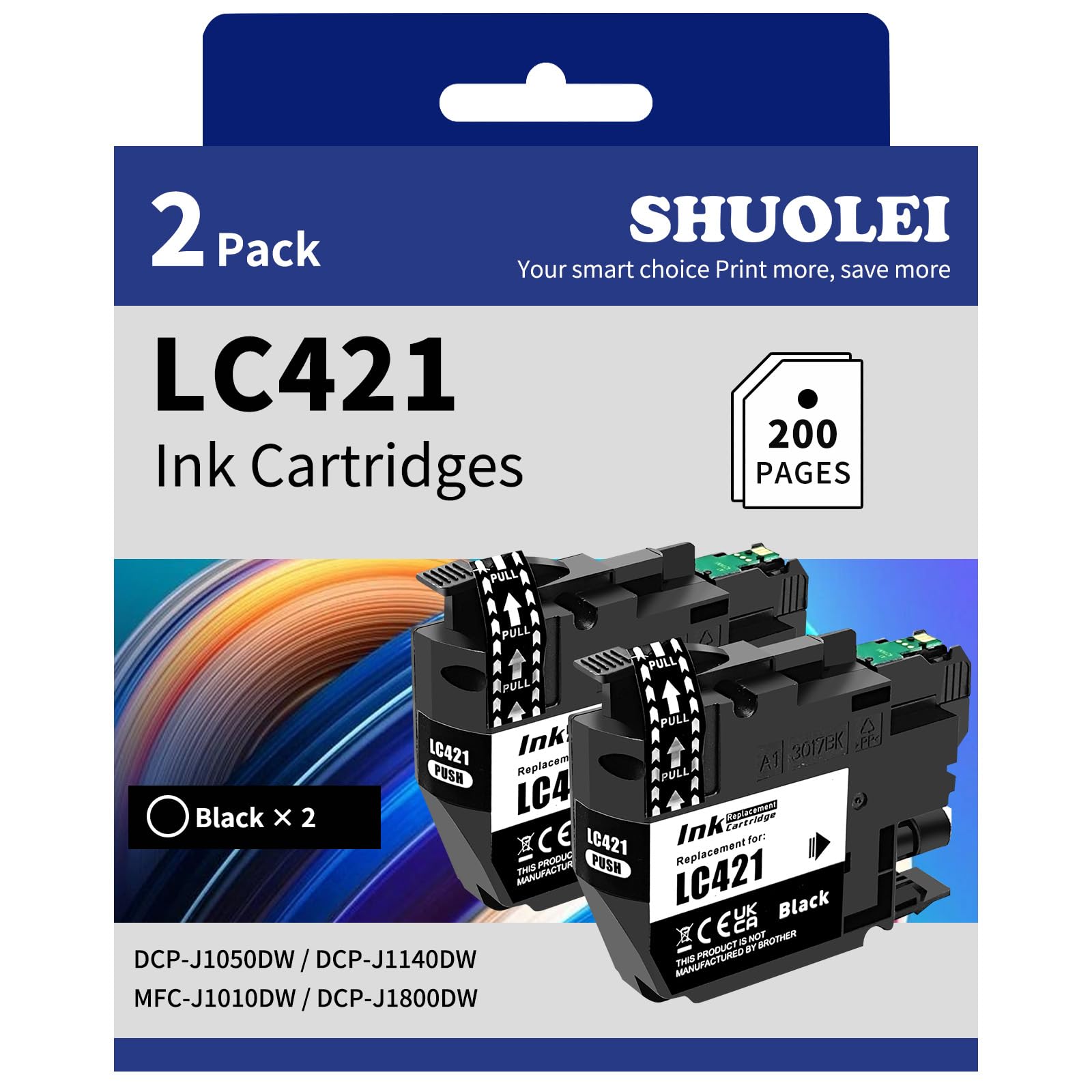 SHUOLEI LC421 Ink Cartridges Compatible with Brother LC421 LC-421 XL Inkjet Cartridges Multi-Pack Standard Yield, for DCP-J1050DW DCP-J1140DW MFC-J1010DW DCP-J1800DW(2 Pack,2 Black)
