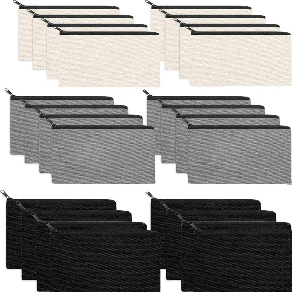 24 Pack Canvas Makeup Bags DIY Craft Blank Zipper Bulk Multipurpose Cosmetic Travel Toiletry Bag (Black, Gray, and White)