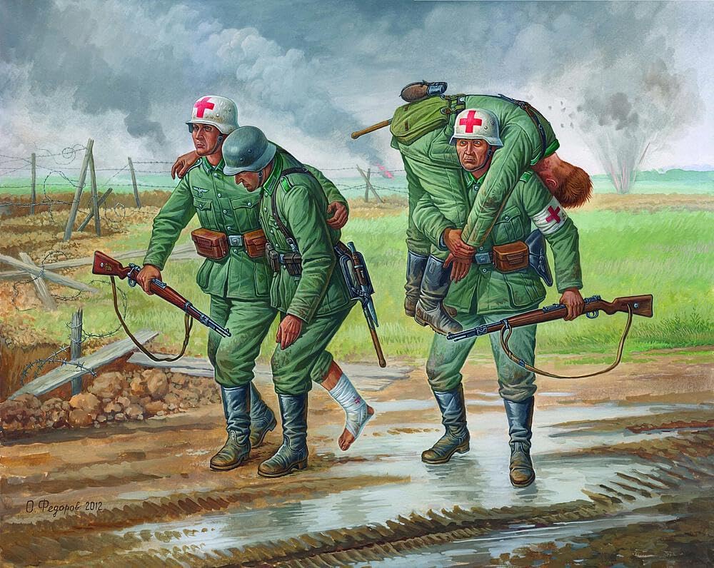 Zvezda German Medical Personnel 1941-1943 figurines, Z6143, Snap Kit Technology, Unpainted, 4 Poses, Art of Tactic Gaming