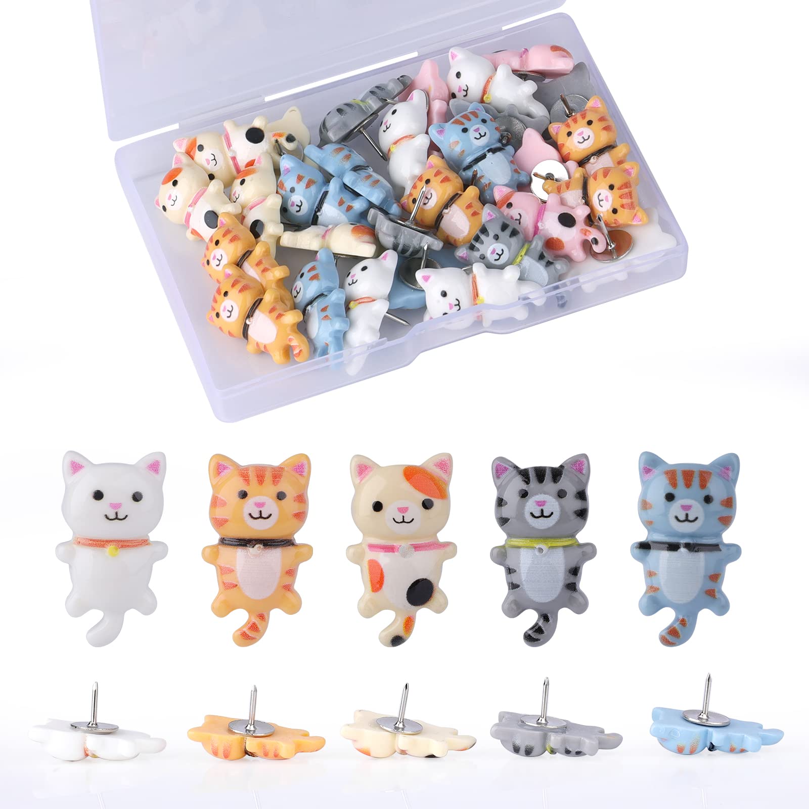 KINBOM 30pcs Cat Push Pins, Cute Plastic Pushpins with 6 Colors (White, Beige, Pink, Yellow, Grey, Blue), Cartoon Style, Resin Material, Ideal for Cork Board, Bulletin Board, Office, School, Home