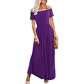 Amoretu Dresses for Women Short Sleeve Off Shoulder Maxi Flowy Casual Loose Plain Dress with Pockets