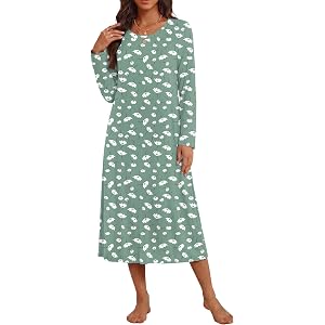 Ekouaer Long Sleeve Nightgowns for Women Calf Length Sleep Shirts | Crew Neck Sleep Dress Soft Comfortable Nightshirts Casual