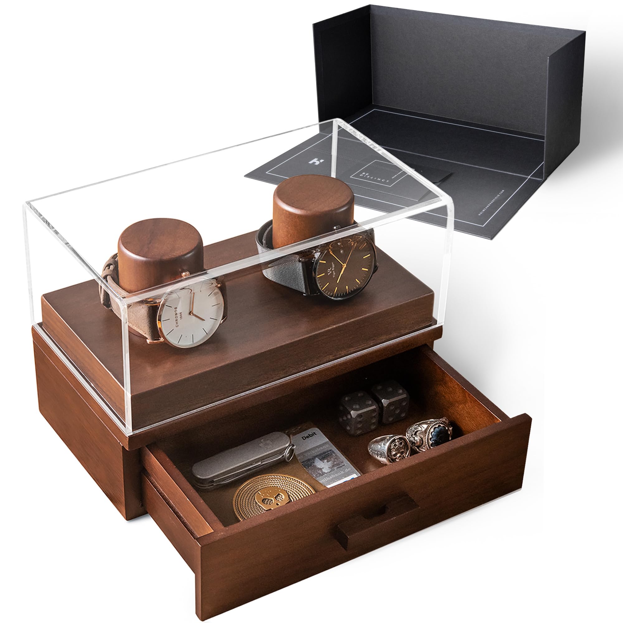 Holme & Hadfield Premium 2-Slot Wooden Watch Display Case with Lifetime Assurance – Handcrafted Men’s Watch Box with Accessory Drawer –Birthday Gift for Collectors – Luxury Built to Last