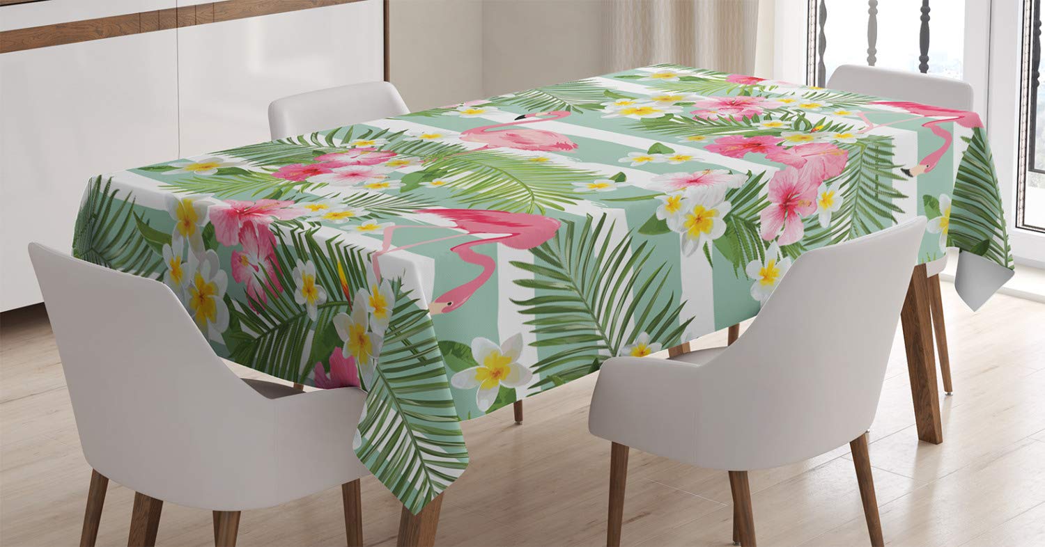 ABAKUHAUS Flamingo Tablecloth, Flamingos with Exotic Hawaiian Leaves Flowers on Striped Vintage Background, Dining Room Kitchen Table Cover, 54" x 66", White Pink Green