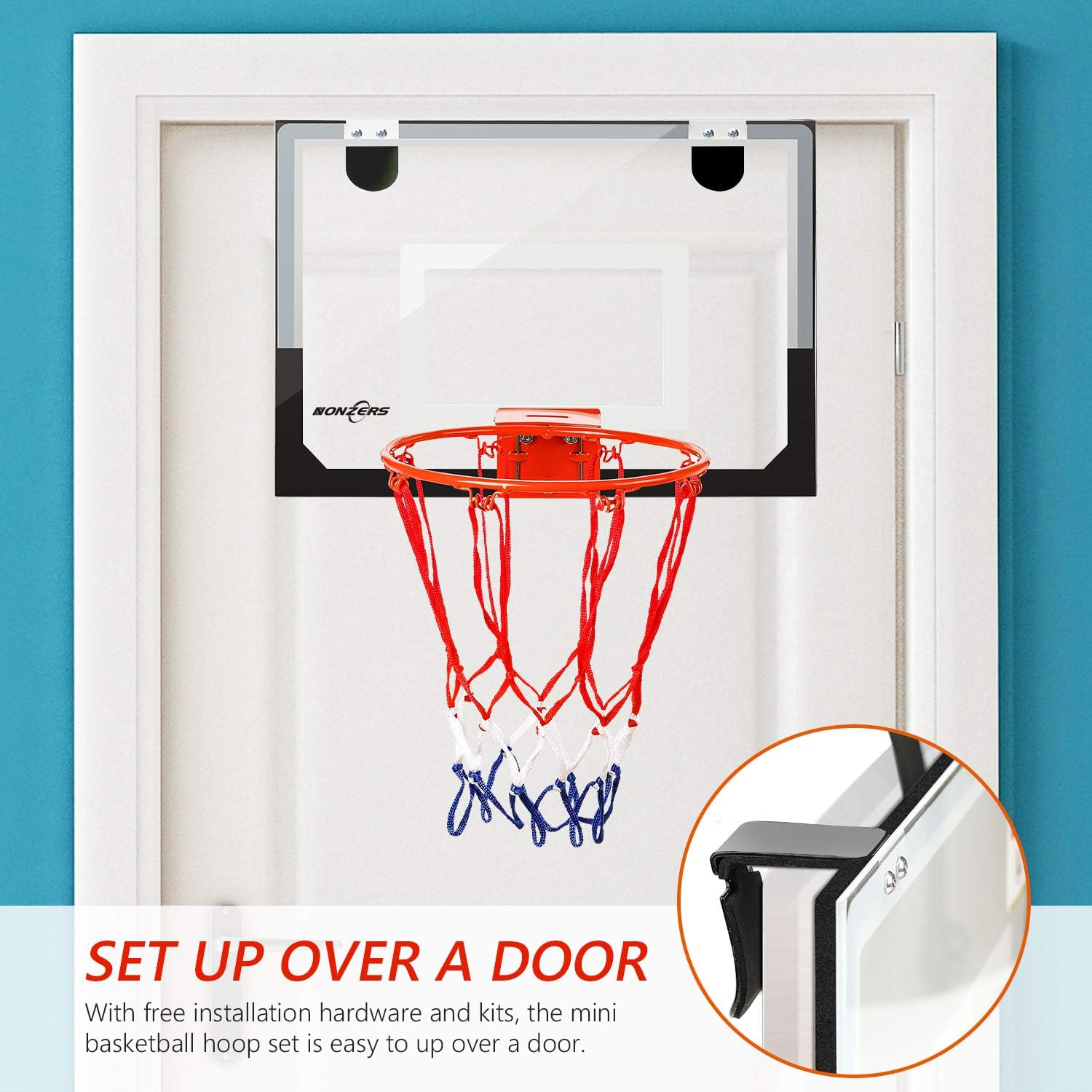 NONZERS Mini Basketball Hoop for Door & Wall, Indoor Mini Basketball Hoop Set for Home and Office Games, Includes 2 Mini Basketballs and Hand Pump, Mobile Mini-Hoop Gift for Kids Boys Girls: Toys & Games