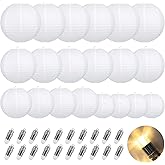 LIHAO 20PCS White Paper Lanterns with Lights, Round Hanging Chinese Lanterns Decorative for Wedding Anniversary Birthday Party Home Decor(Size of 6”, 8”, 10”, 12”)